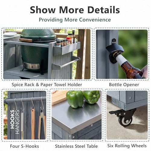 Image of Merax 80.5 inch Outdoor Kitchen Island for Big Green Egg& Blackstone Griddle, Solid Wood Grill Cart Table with Stainless Steel Top, Drawer for Large Big Green Egg and 21 inch /28 inch Blackstone Griddle, Grey Blue