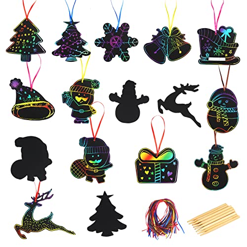 MENGON 48 Stück Kratzbilder Weihnachten für Kinder Basteln Weihnachten Deko Regenbogen Kratzpapier Weihnachtsdeko Baumschmuck Mitgebsel Weihnachten Geschenke Anhänger mit 12 Holzstiften 48 Seil Cover