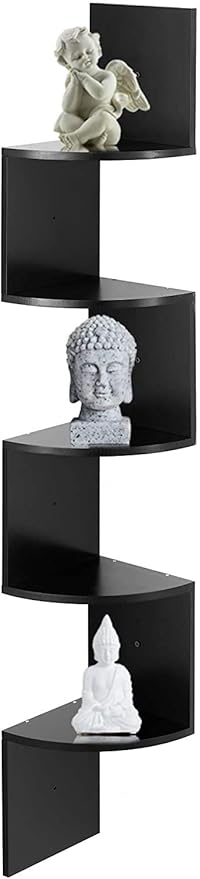 Onlinecollection 5 Tier Wall Mount Corner Shelves, Zigzag Decorative Shelf, Space Saving, Durable for Home and Office (Black)