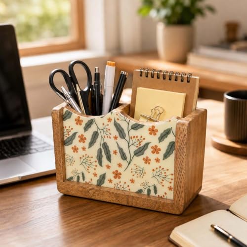 Image of The Earth Store Wooden Floriva Cutlery Holder 2 Division | 6 Inch White & Brown Cutlery Organizer | Spoon & Utensil Stand for Kitchen Counter, Dining Table & Table Top Storage