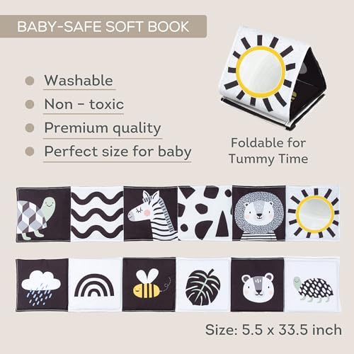 Image of Taf Toys Newborn Soft Activity Book Black & White High Contrast Baby Book Infant Sensory Toys Tummy Time Soft Cloth Books for Babies Textured Fabric Crinkling Shapes Patterns 0-12 Months Newborn Toys