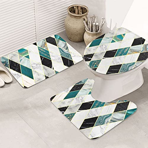 ARLTTH Badematte Mit Marmorstruktur, 3-teiliges Badezimmerteppich, Rutschfester Und Weicher, Saugfähiger Polyester-Teppich, U-förmiger Konturteppich Und Toilettendeckelbezug (grüner Marmor) – Bild 4