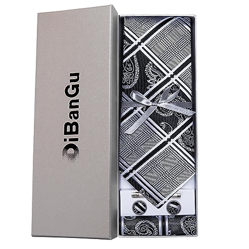 Image of DiBanGu Plaid Ties for Men Silk Checkered Necktie and Pocket Square Cufflinks Tie Clip Set with Gift Box for Wedding Business