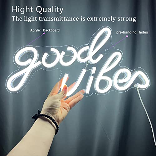 Image of Good Vibes Neon Sign White Good Vibes Neon Lights USB Operated Aesthetic LED Signs for Bedroom Wall Decor Birthday Party Wedding Salon Bar Home Girl Cave