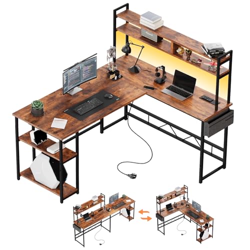 Flamaker Scrivania L Angolo Reversibile da 160×120cm con Luci a LED & Power Scrivania con Libreria Tavolo da Ufficio con 2 Prese e 2 Porte di Ricarica USB (Marrone Vintage)