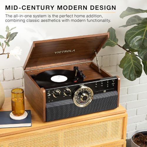 Image of Victrola Empire - Wood 6-in-1 Bluetooth Record Player - Walnut | Mid-century wood music center plays vinyl, CD, cassette, FM radio and aux, built-in stereo speakers, RCA out, headphone jack