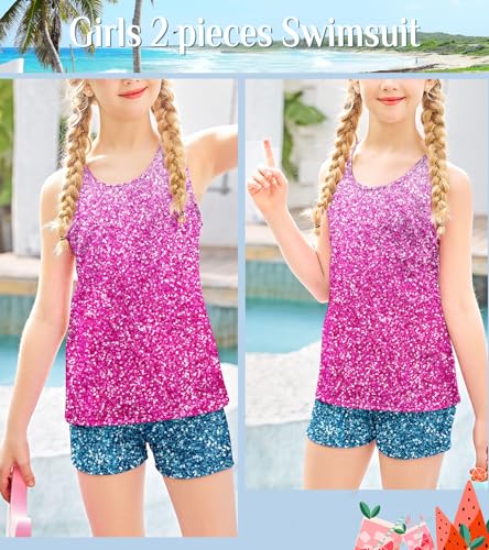 UNIFACO Girls 2 Piece Bathing Suits Glitter Sequins Swimsuits Summer Tankini Beach Swimwear with Boyshorts for 4-13T3