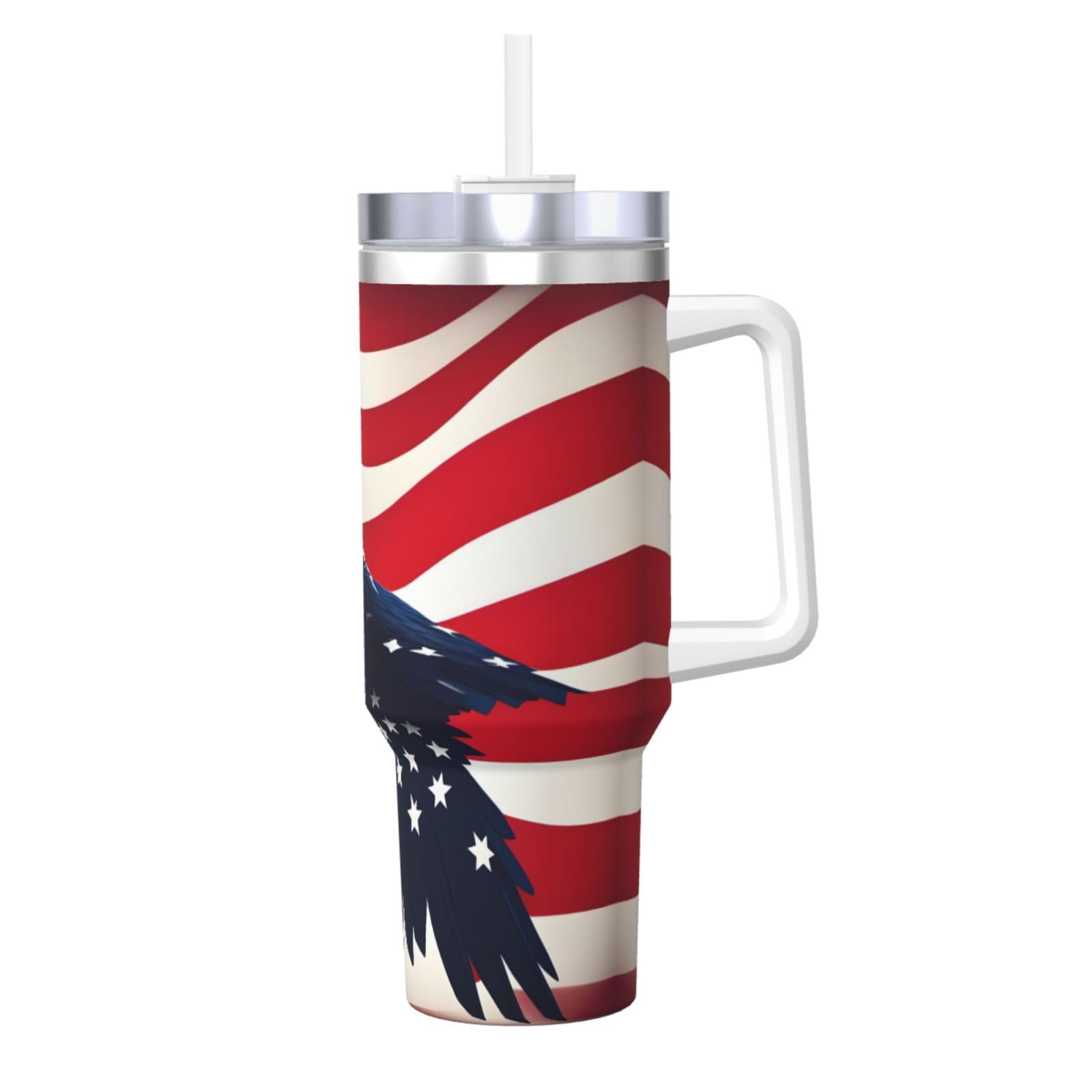 Trinkflasche mit amerikanischer Flagge, Edelstahl, doppelwandig, isoliert, mit Griff und Strohhalm-Deckel, 1,2 l