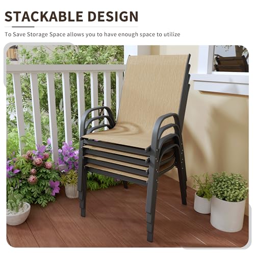 Image of PIZZELLO Patio Chairs Set of 4, Outdoor Stackable Dining Chairs for All Weather, Lightweight Textilene Outdoor Chair Sets with Armrests, 330Lbs Capacity, for Backyard Porch Poolside Garden (Khaki)