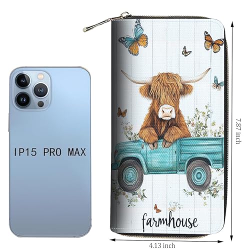 Wallet,Large Capacity RFID Blocking Leather Wallet, Durable Smooth Zipper Clutch,Unisex Travel Wallet for Cards,Cash,and Coins - Highland Cow Truck4
