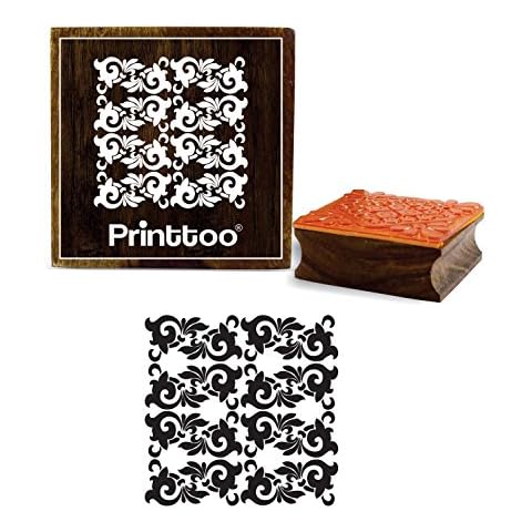 Printtoo Craft Textile Damask Square Frame Brown Wooden Rubber Stamp Block-2 x 2 Inches Cover