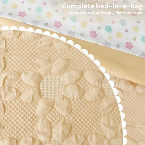Image of Twin XL Comforter Set for Girls - 5 Pieces Yellow Dasiy Bed in a Bag | Jacquard Floral Twin Bedding Sets, Soft Lightweight Cute Comforter with Printed Sheets, Pillowcase & Sham for All Seasons