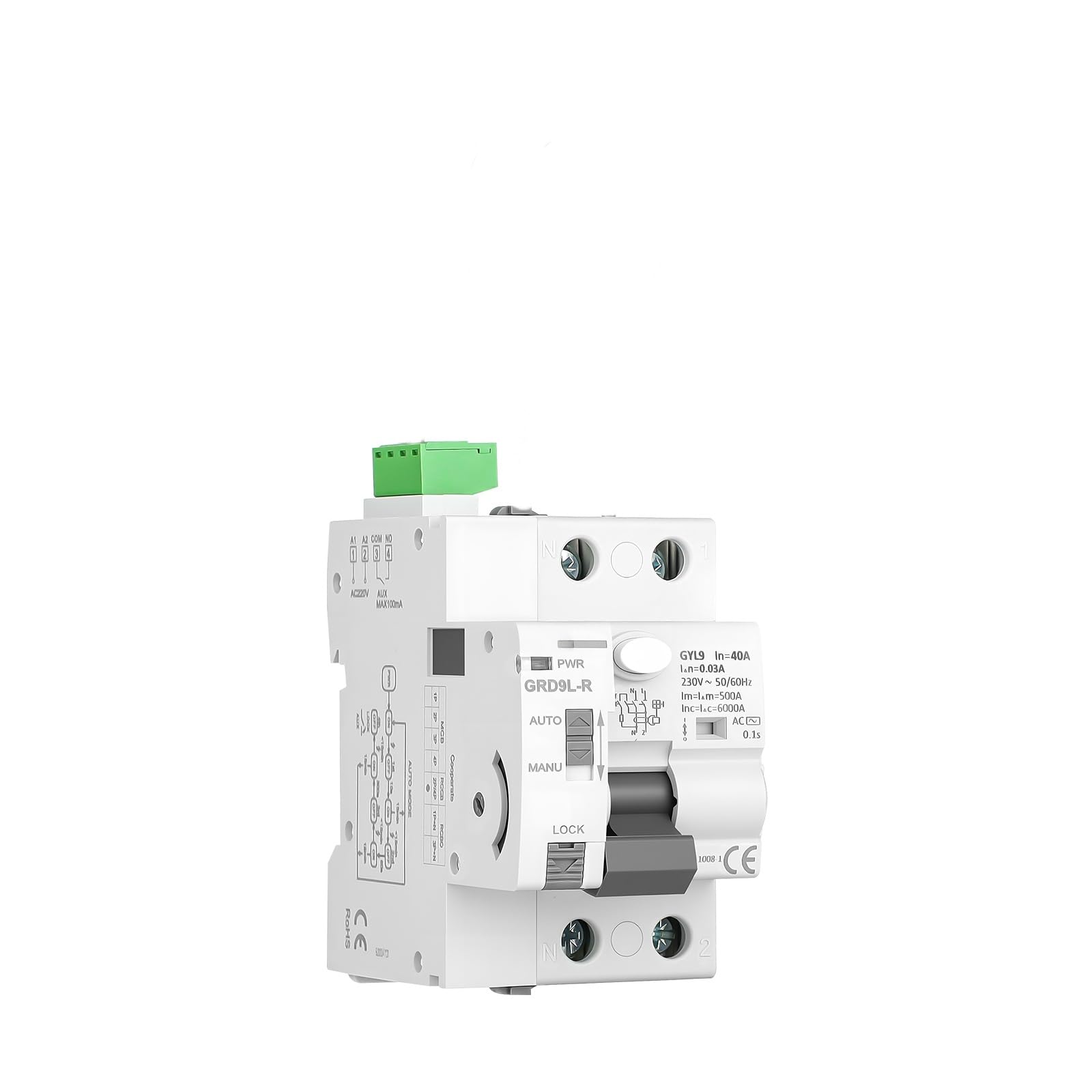 Salvavita Riarmo Automatico 2P 40A 30mA Interruttore Differenziale AC220V per Casa e Contatore Fotovoltaico