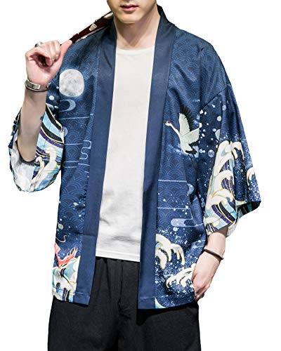 Image of Men's Japanese Kimono Robe Jacket Lightweight 3 /4 Sleeve Open Front Yukata | Silky Smooth Fashion Print Happi Coat Lightweight Breathable Loose Unisex Haori Casual Summer Cardigan Daily Beach Vacation