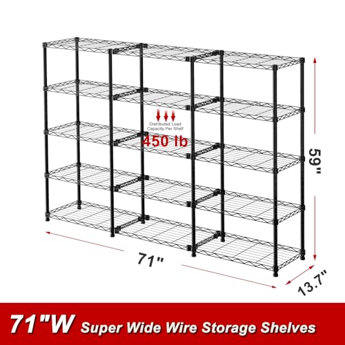 Image of 5 Tier Storage Shelves 71''W Wire Shelving Unit with Shelf Heavy Duty Metal Shelves for Storage Adjustable Garage Shelving Rack Pantry Kitchen, 71''W X 59 inch H X 13.7 inch D