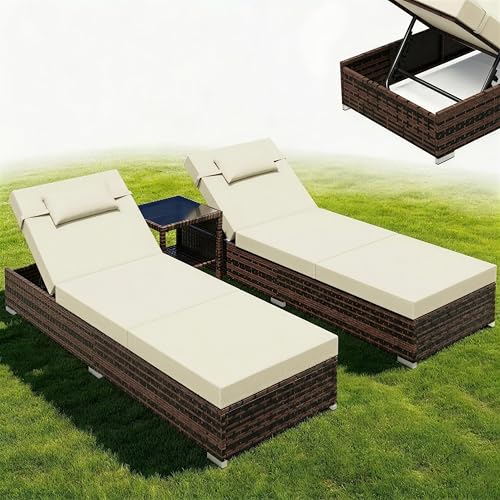 UDPATIO Lot de 2 Chaises Longues de Jardin avec Table, Bain de Soleil 5 Positions de Réglage, Charge 160 kg, pour Terrasse, Pelouse, Jardin, Piscine, Rotin Brun et...