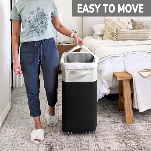 Image of Goodpick Hamper with Wheels 75L 2-Pack, Tall Laundry Basket with Removable Wash Bags, Rolling Black Laundry Hamper for Corner Dorm, Large Collapsible Laundry Baskets