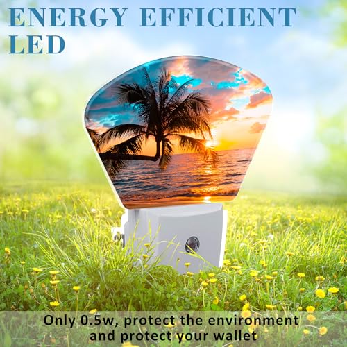 Image of Beautiful Sunset Plug in Night Lights, Palm Tree Nightlight Plug Into Wall Dusk to Dawn Sensor for Kid Girls Boys Women Men Room, Hallway, Kitchen, Bathroom, Stairs Decor
