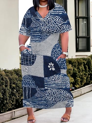Image of SUZONANA Plus Size Denim Print Maxi Dresses for Women Casual V Neck Short Sleeve with Pockets Soft Jean Look Dress XL-6XL
