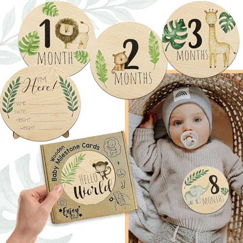 Image of Wooden Safari Themed Baby Monthly Milestone Cards with Box, Pregnancy and Baby Shower Gifts for Boys and Girls, Newborn Photography Props