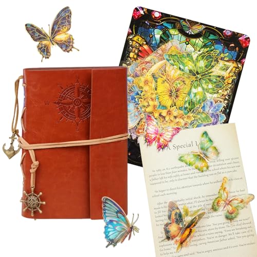 TYXHXTF Diario in Pelle, Vintage Taccuino di Viaggio ad Pirata Depoca Ancoraggio, Motivo Bussola e Ciondolo, Quaderno a Foglio Mobili Ricaricabile A6, Brown (con 30 Adesivi Farfalla Fiori)