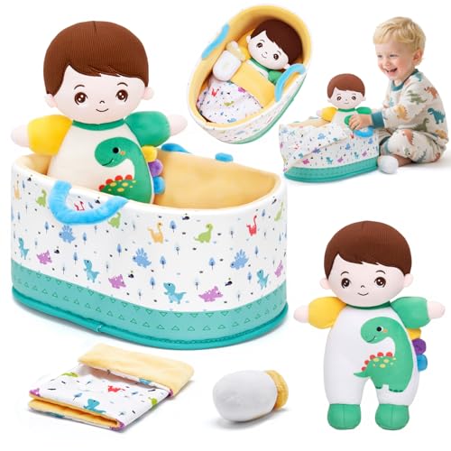 Image of OUOZZZ 10 inch Soft Baby Boy Doll Set, Baby Doll Accessories Pretend Playset Emotional Social Doll for 2 Year Olds Boy Christmas Birthday Gift