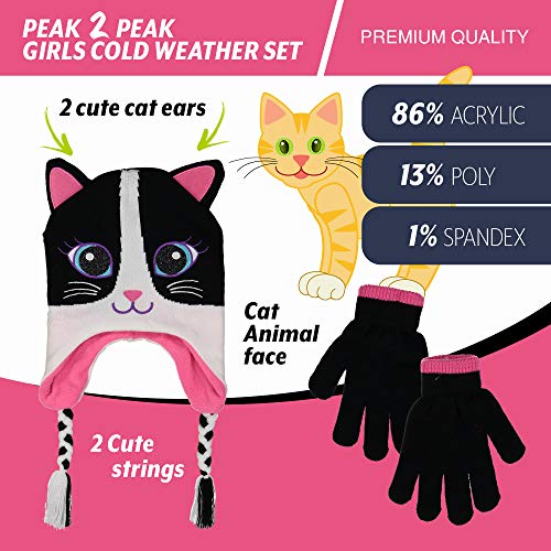 PEAK 2 PEAK Girls Cat Face Beanie Winter Hat and Glvoes Cold Weather Set, Age 4-73