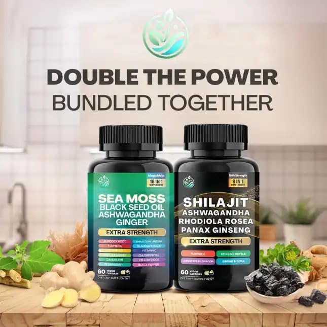 Miniatura 5 de Paquete de musgo marino y shilajit, musgo marino 7000 mg, aceite de semilla negra 4000 mg, Ashwagandha 2000 mg, jengibre y shilajit 9000 mg,