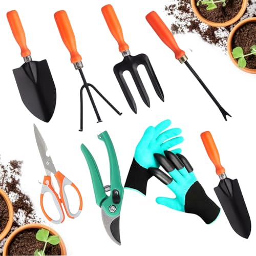 Image of Go Hooked 8 Pcs Gardening Tools Kit Graden Gloves, Pruner Cutter, Cultivator, Fork, Transplanter, Trowel, Weeder, Graden Scissor Heavy Duty Garden Tools Set for Indoor Outdoor Plants, Balcony