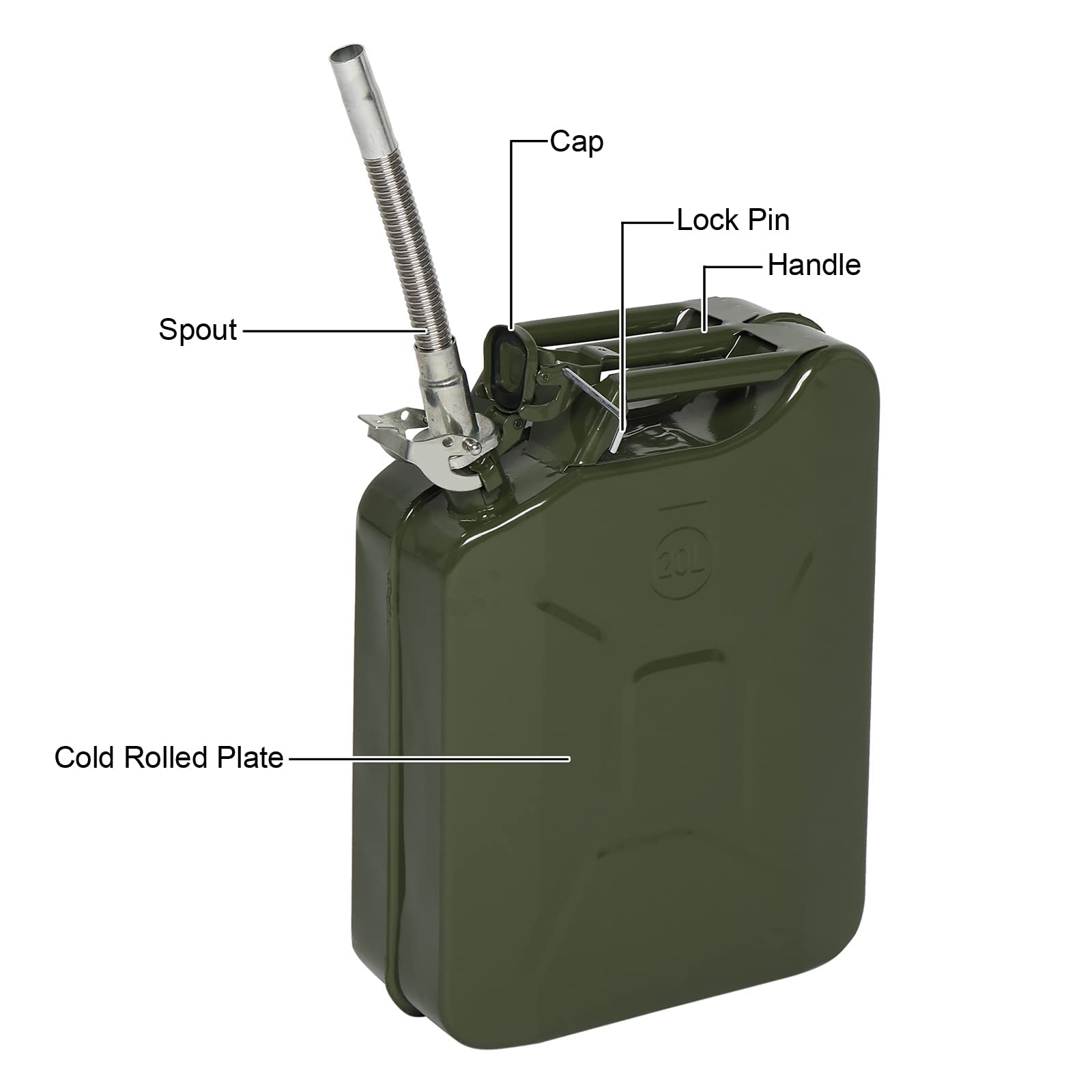 Bonnlo Bidón de Gasolina 20 Litros, Metalico con Despachador Flexible Estandar UK, Verde Oliva 35x16x45 cm