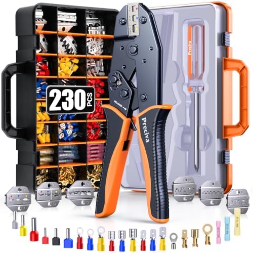 Preciva 6 in 1 Crimpzange Set mit 6 Auswechselbaren Backen, Profi Ratschen-Crimpwerkzeug für Solar/Aderendhülsen/Isolierte Terminals, Inkl. 230 Kabelschuhe & Koffer