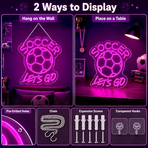 Image of Soccer Let's Go LED Neon Sign, Pink Soccer Ball Neon Wall Light for Bedroom, Game Room, Sports Bar, Fan Cave, Team Room Decor, USB Powered Dimmable Soccer Gift for Teen Girls, 13.42 x 12.99 In