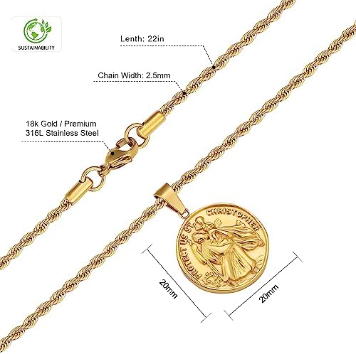 KRKC&CO 2.5mm St Christopher Necklace for Men, 22" Pendant Necklace Protector Talisman, Coin Medallion, 18K Gold Plated Protection, Chain with Pendant Jesus, Gift for Husband Son Father
