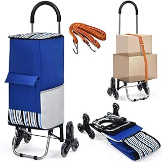 COSTWAY Foldable Shopping Trolley, 2 in 1 Shop Cart & Hand Tuck with Climbing Stair Wheels, Detachable Bag and Adjustable Bungee Cord, Supermarket Rolling Grocery Bag