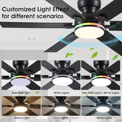Image of 52 inch RGB Ceiling Fans with Lights and Remote /APP,Black Low Profile Ceiling Fans with Quiet Reversible DC Motor,Modern Flush Mount Fans Light for Bedroom Kids Room