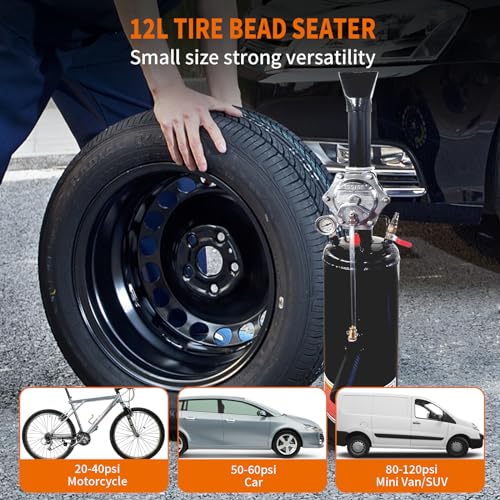 Image of Tire Bead Seater, 12L /3.2 Gallon Air Trigger Seating Inflator, 145 PSI Portable Tire Inflator Tool, 87-116 PSI Operating Pressure for Tractor Truck ATV Car and Automobile Repair