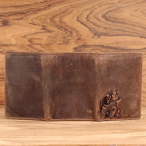 Image of Bear Trifold Wallet for Men - Full Grain Cowhide Leather, RFID Blocking, Handmade Vintage Men's Leather Wallet, Gift for Dad, Husband, Outdoorsmen