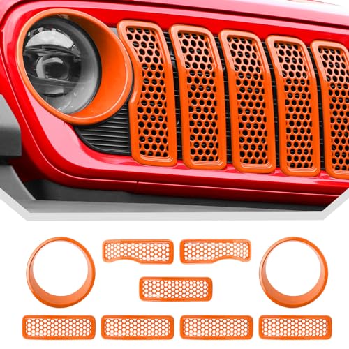 Image of JeCar 9pcs Orange Grill Inserts & Headlight Covers Trim Kit for 2024 2025+ Jeep Wrangler JL JLU