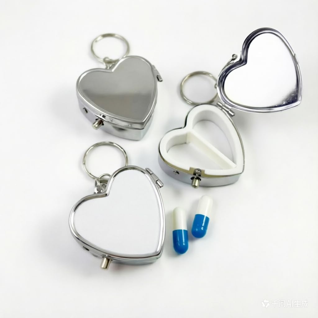 20pcs Sublimation Blank Pill Box Metal Heart Shape 2 Compartment Medicine Pill Case with Keychain,Portable Pocket or Purse Pill Box for DIY Heat Transfer Print