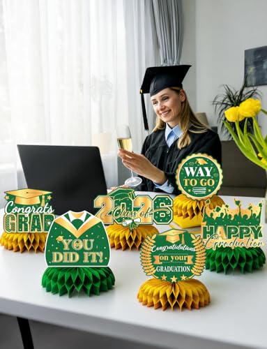 Image of Graduation Table Decorations Class of 2026, 9Pcs Graduation Centerpieces for Tables Green Gold Honeycomb Centerpiece Congrats Grad Table Toppers Congratulate Decorations for Grad Party Supplies