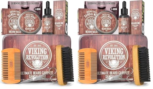 Viking Revolution Ultimate Grooming Kit for Men - Boar Brush, Wood Comb, Sandalwood Balm & Oil, Scissors for Beard & Mustache (Pack of 2)