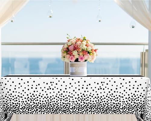 Image of Oudain 6 Pcs Black and White Polka Dot Tablecloth, Minimalist Disposable Plastic Waterproof Tablecloths, Rectangle Table Cover for Birthday Wedding Baby Shower Minimalist Party Decorations, 54 inch x 108 inch