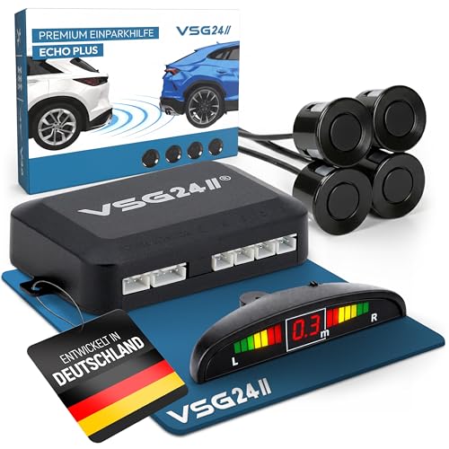 VSG24 Premium Einparkhilfe hinten mit Display zum nachrüsten am Auto, PDC Parksensoren hinten mit Stecksystem für einfachste Montage - 4 Rückfahrwarner Sensoren Parkhilfe Nachrüstsatz Schwarz