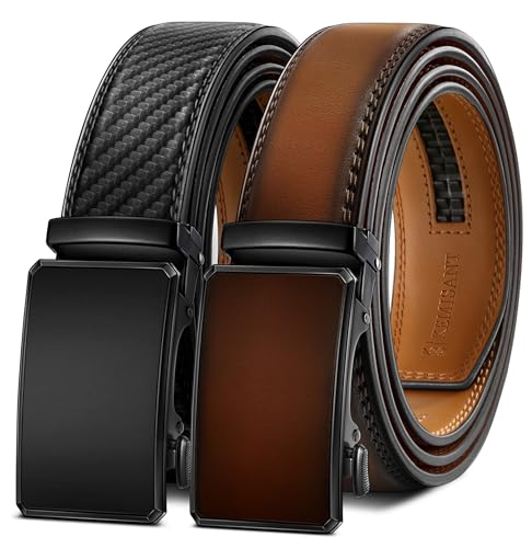 Image of KEMISANT Men Belt 2 Pack, Leather Ratchet Belt Easy Click Slide For Men 1 3 /8 inch,Cut for Fit