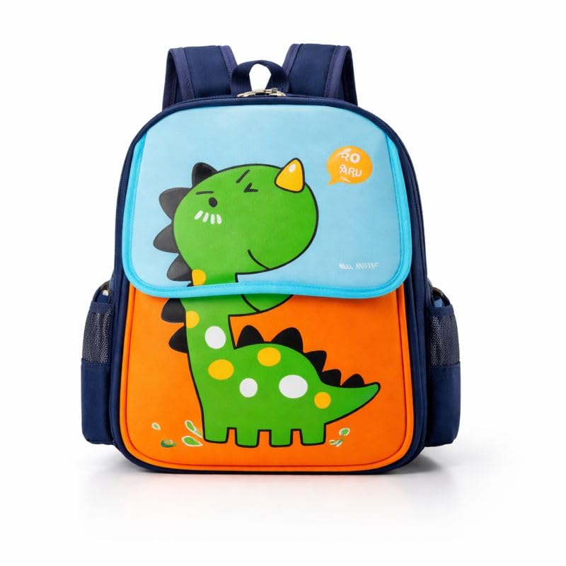 Mochila Infantil de Costas Dinossauro para Menino, Alças Acolchoadas, Compartimento com Zíper, Ideal para Escola e Passeios, Criança, Azul e Laranja