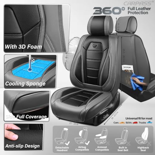 Image of CAR PASS Nappa Leather Car Seat Covers Full Set Faux Leather, Black Gray | Luxury Nappa Leather,360 Full Protection,Water resistant,3D Foam Comfort,Universal Fit for Most Cars SUV Truck,Scratch proof