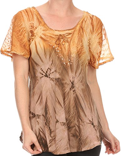 Image of Sakkas Taylay Ombre Tie Dye Batik Long Embroidered Corset Neck Blouse Shirt Top