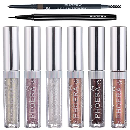 Phoera Glitter Eyeshadow, Phoera Eyeliner And Eyebrow Pencil, Makeup For Eyes Liquid Shimmer Sparkle Glow Light Colors Pencil Stick Shiny Long Lasting Waterproof Metals Shining Eye Shadow Sets #TOP26