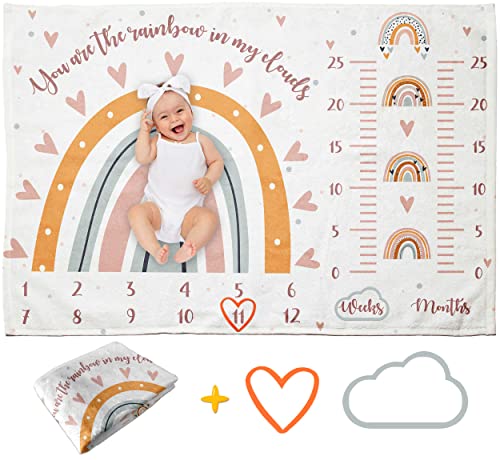 Image of Pavo Boho Rainbow Milestone Blanket for Baby Girl - Includes 2 Exclusive Frames - Personalized Baby Height Growth Chart for Newborn Essentials - Rainbow Baby Gifts 60"x40"
