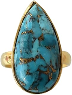 Veracity Jewelry Blue Copper Turquoise Rings For Women - December Birthstone Spiny Mojave Kingman Turquoise 18K Gold Plated Rings For Women - Blue Turquoise Statement Handmade Jewelry Rings - Blue Cooper Turquoise Gemstone Gold Filled Fashion Chunky Rings - VR-309